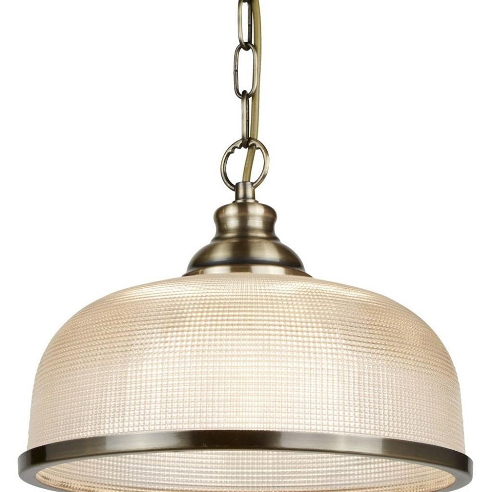 Antique Brass & Holophane Glass Vintage Dome Pendant Light 27cm