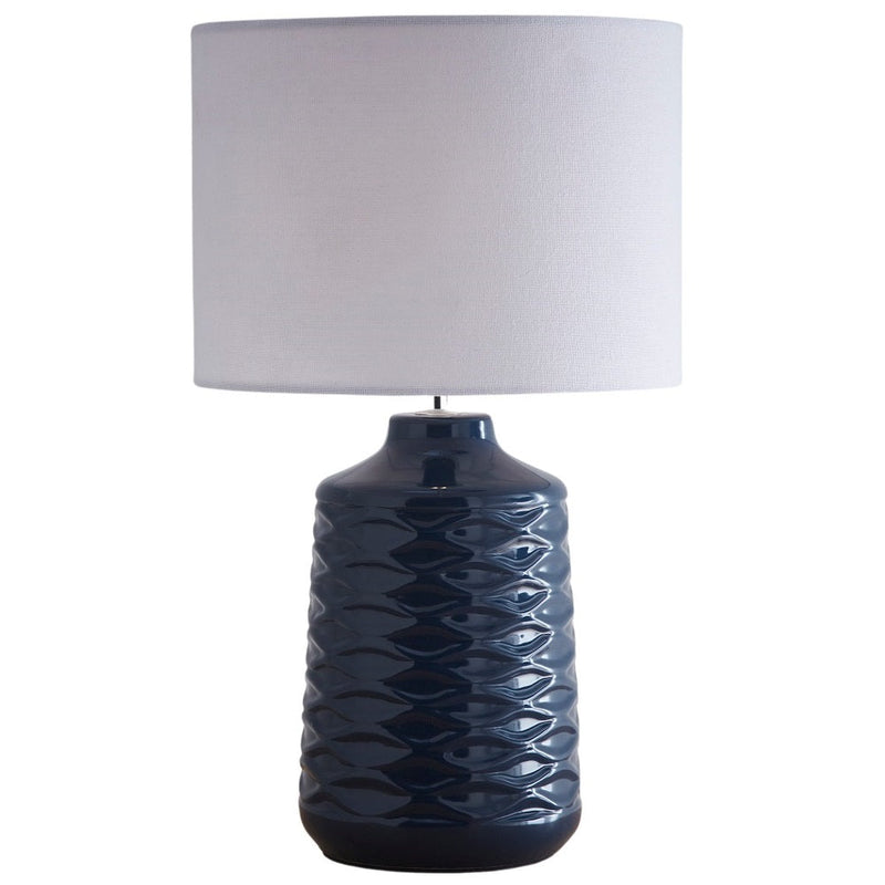 Blue Ceramic Geometric Ripple Table Lamp with White Linen Shade 43cm