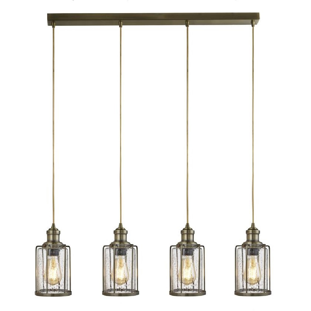 Antique Brass & Bubble Glass Cage Lantern 4 Lamp Bar Pendant Light 77cm