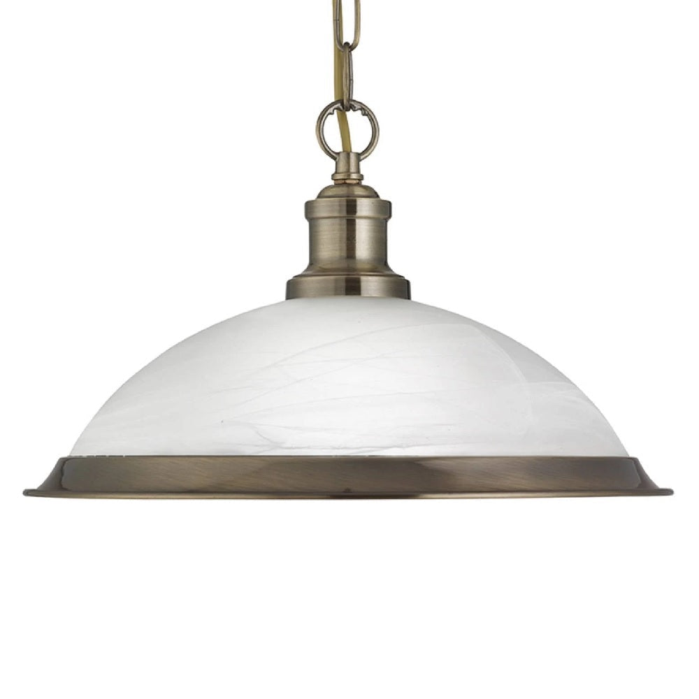 Antique Brass & Alabaster Glass Vintage Dome Pendant Light 34cm