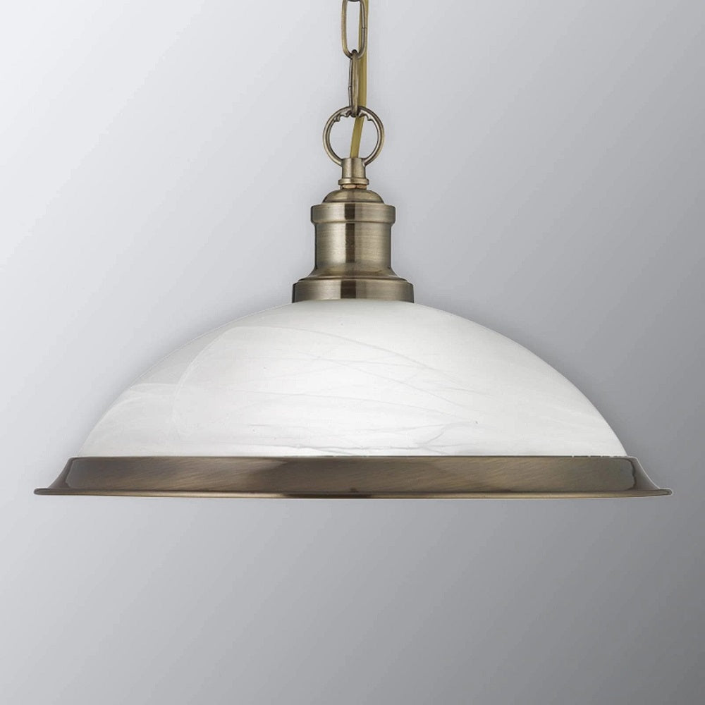 Antique Brass & White Alabaster Domed Glass Pendant Light Fitting