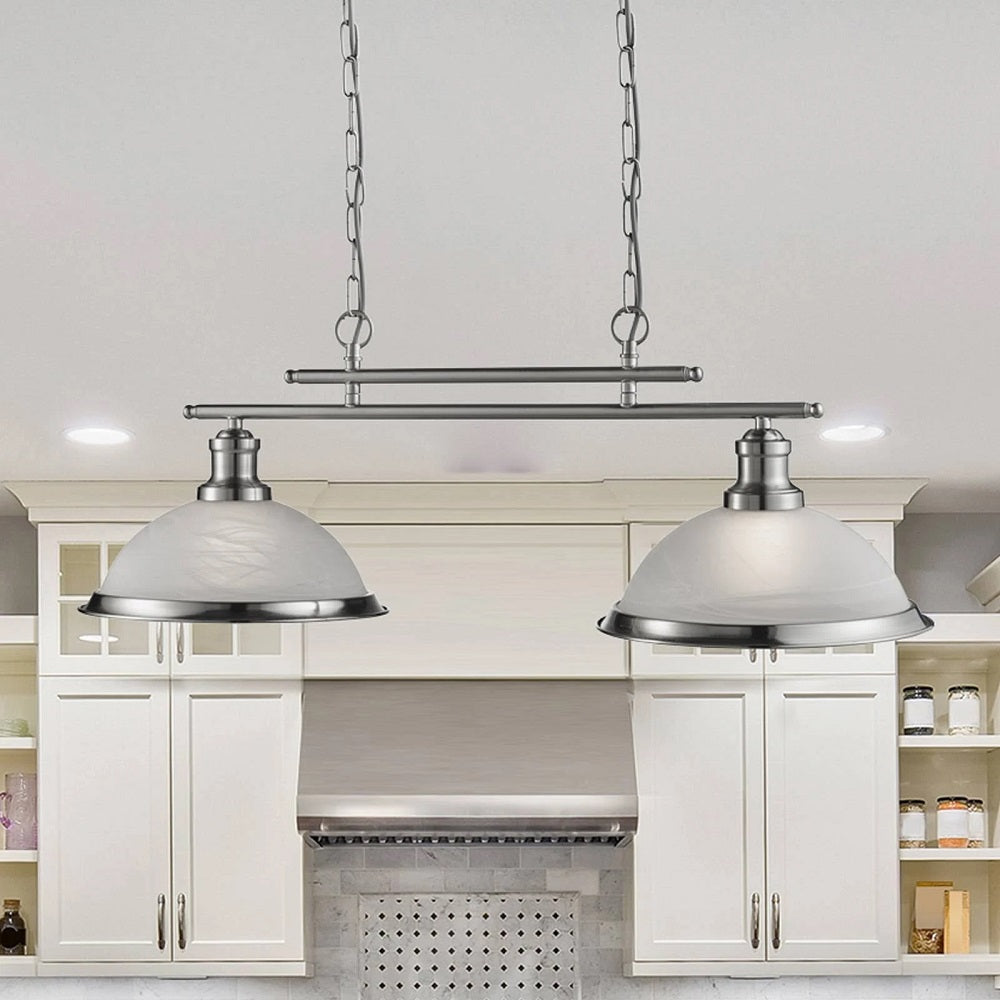 Satin Chrome & White Alabaster Domed Glass Pendant Light Fitting