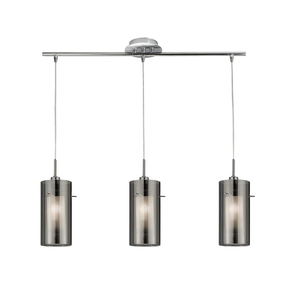 Polished Chrome 3 Lamp Bar Pendant with Smoked Cylinder Glass Shades 710mm