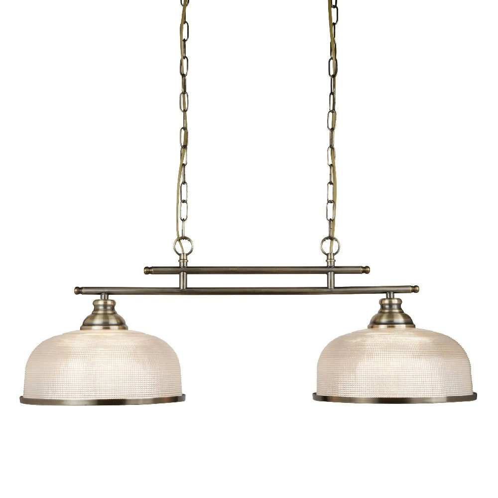 Antique Brass & Holophane Glass Vintage Dome 2 Lamp Bar Pendant 75cm