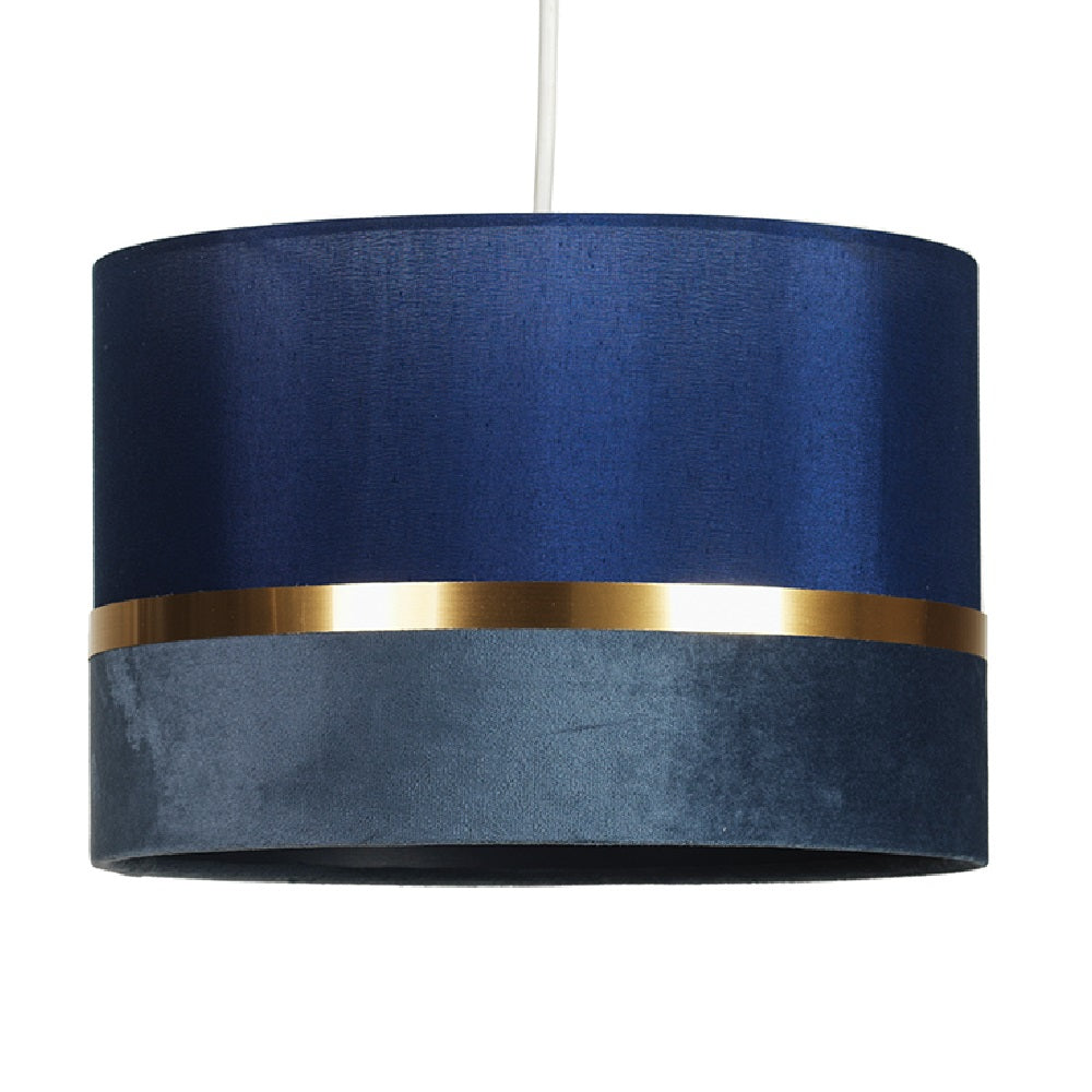 Navy Blue Velvet & Fabric Drum Pendant Shade with Gold Metallic Band 30cm