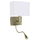 Antique Brass & LED Reading Flexi Arm Modern Wall Light with White Rectangle Shade 26cm