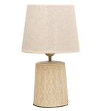 Cream Ceramic Vintage Leaf Print Tapered Cylindrical Base Table Desk Lamp with Beige Linen Lampshade
