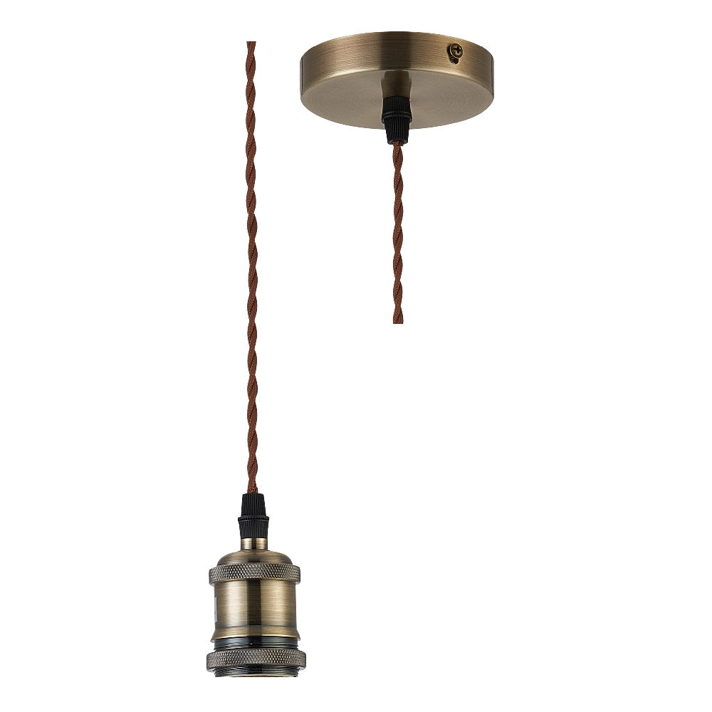 Antique Brass Vintage Fabric Twisted Cable Flex Suspension Ceiling Rose Pendant