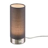 LED Satin Chrome Touch Dimmer Cylindrical Grey Shade Table Lamp