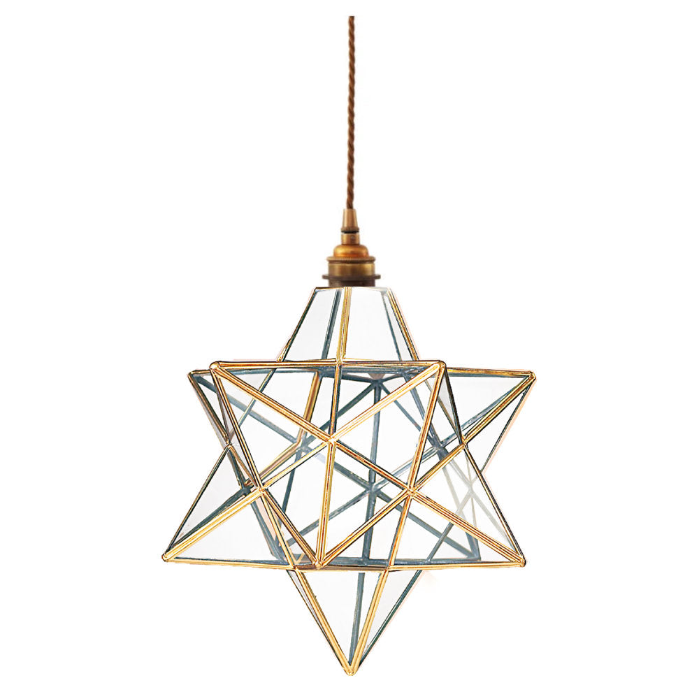 Antique Brass & Clear Glass Panel Star Pendant