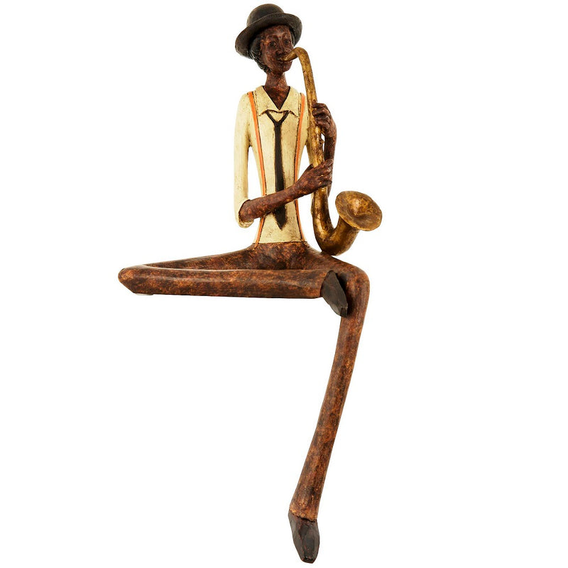 Brown & Yellow Resin Sitting Jazz Saxophonist Musician Sculpture Figurine