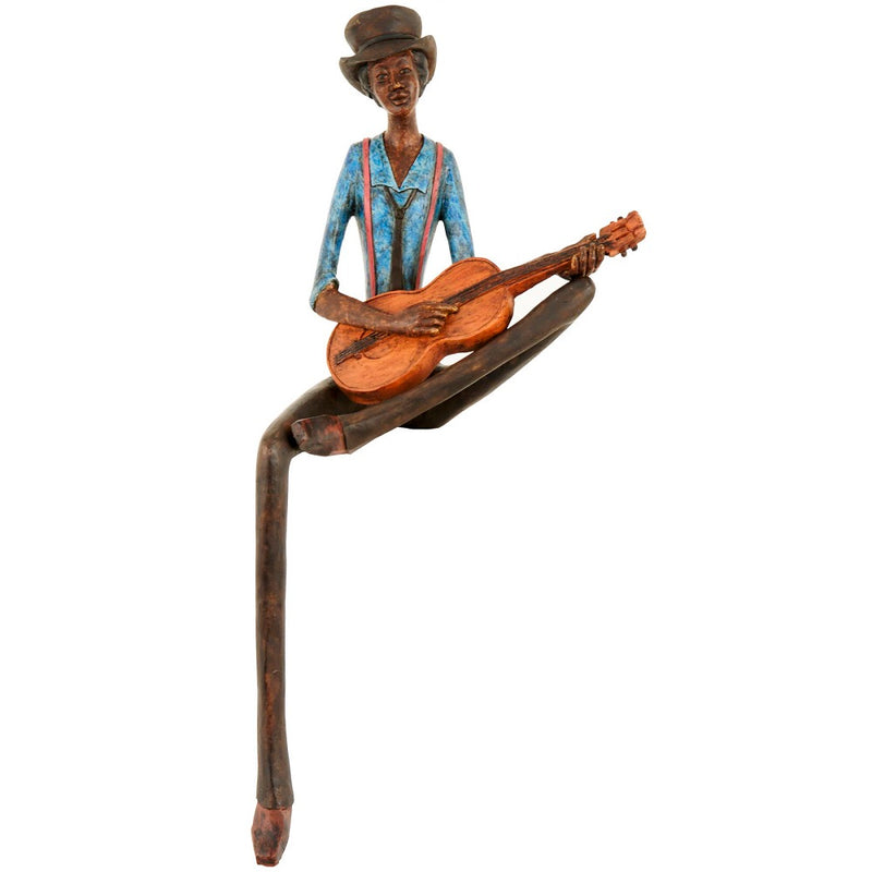 Brown & Blue Resin Sitting Jazz Guitarist Musician Sculpture Figurine 42cm