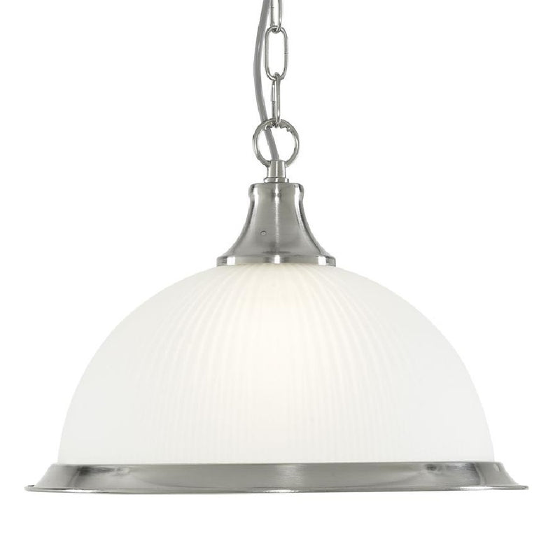 Satin Chrome & Opal Ribbed Glass Vintage Dome Pendant Light 36cm
