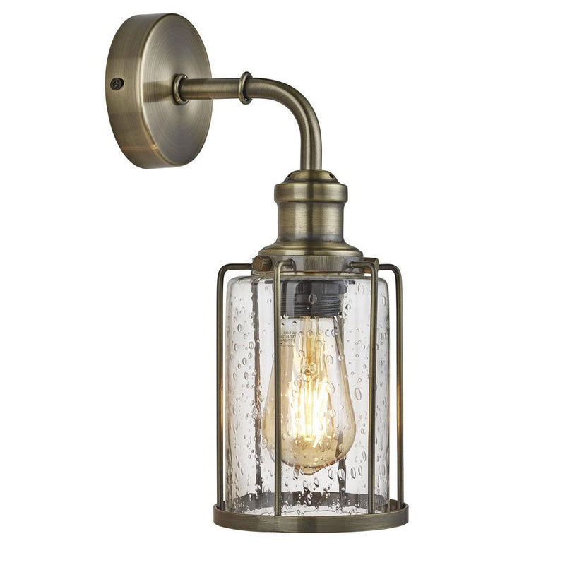 Britalia BR1261AB Antique Brass &amp; Clear Seeded Glass Industrial Single Arm Wall Light - 33cm Height