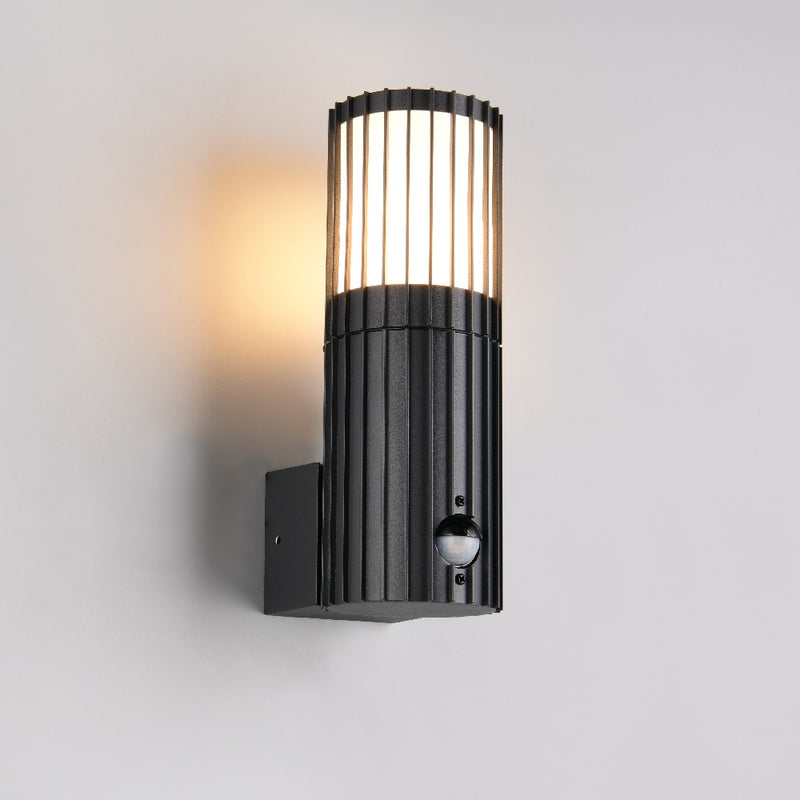 modern outdoor wall light with motion sensor in anthracite cylindrical design