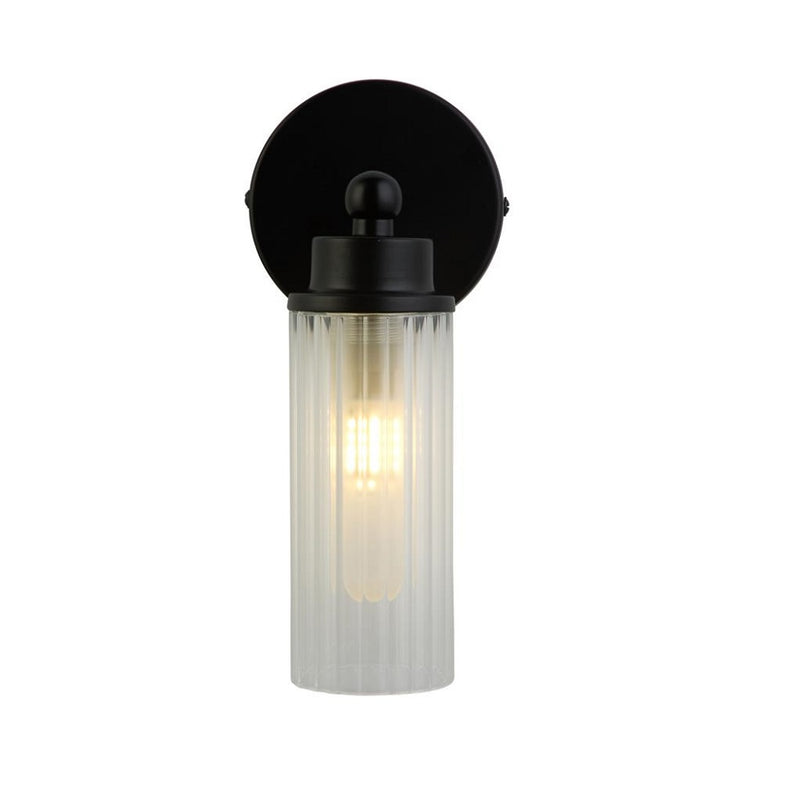 Britalia BR29981BK Matt Black &amp; Ribbed Glass Bathroom Vintage Single Lamp Wall Light - 22cm Length