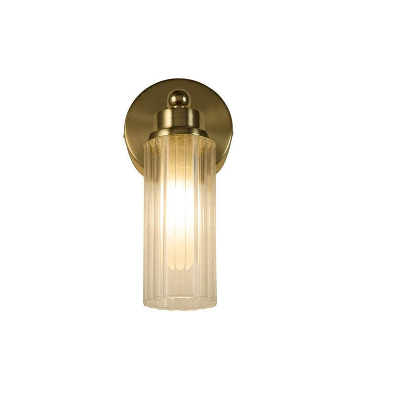 Britalia BR29981SB Satin Brass &amp; Ribbed Glass Bathroom Vintage Single Lamp Wall Light - 22cm Length