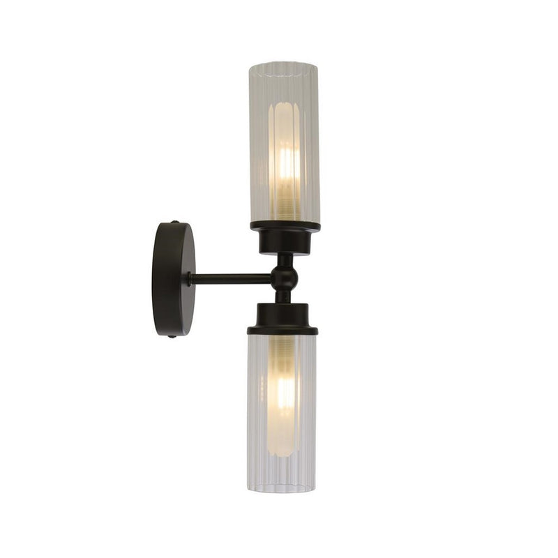 Britalia BR29982BK Matt Black &amp; Ribbed Glass Bathroom Vintage 2 Lamp Wall Light - 37cm Length