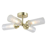 Satin Brass & Ribbed Glass Bathroom Vintage 3 Lamp Ceiling Light 390mm