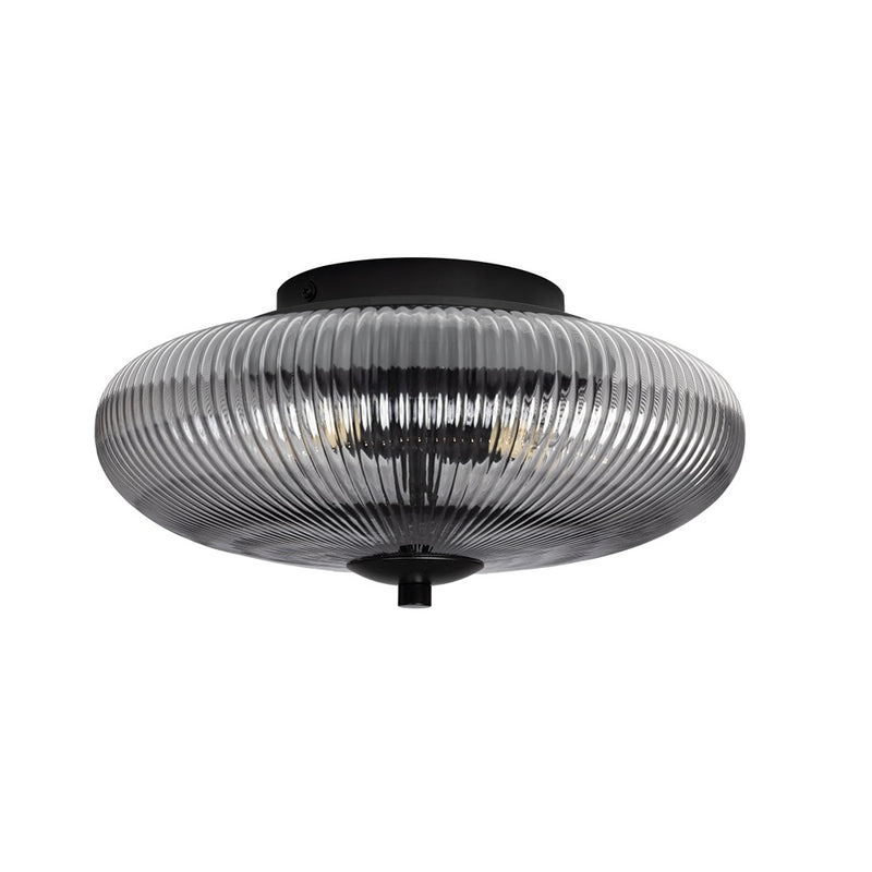 Britalia BR4055 F BK Black &amp; Smoked Ribbed Glass Vintage Domed Flush Ceiling Light - 30cm Diameter
