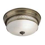 Antique Brass & Frosted Glass Vintage Flush Bathroom Ceiling Light with Geometric Lattice Trim IP44