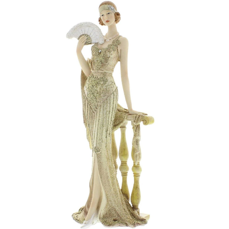 Britalia BR58429 Cream and Gold Resin Ceramic Art Deco Lady Holding Fan Figurine - 38cm Height