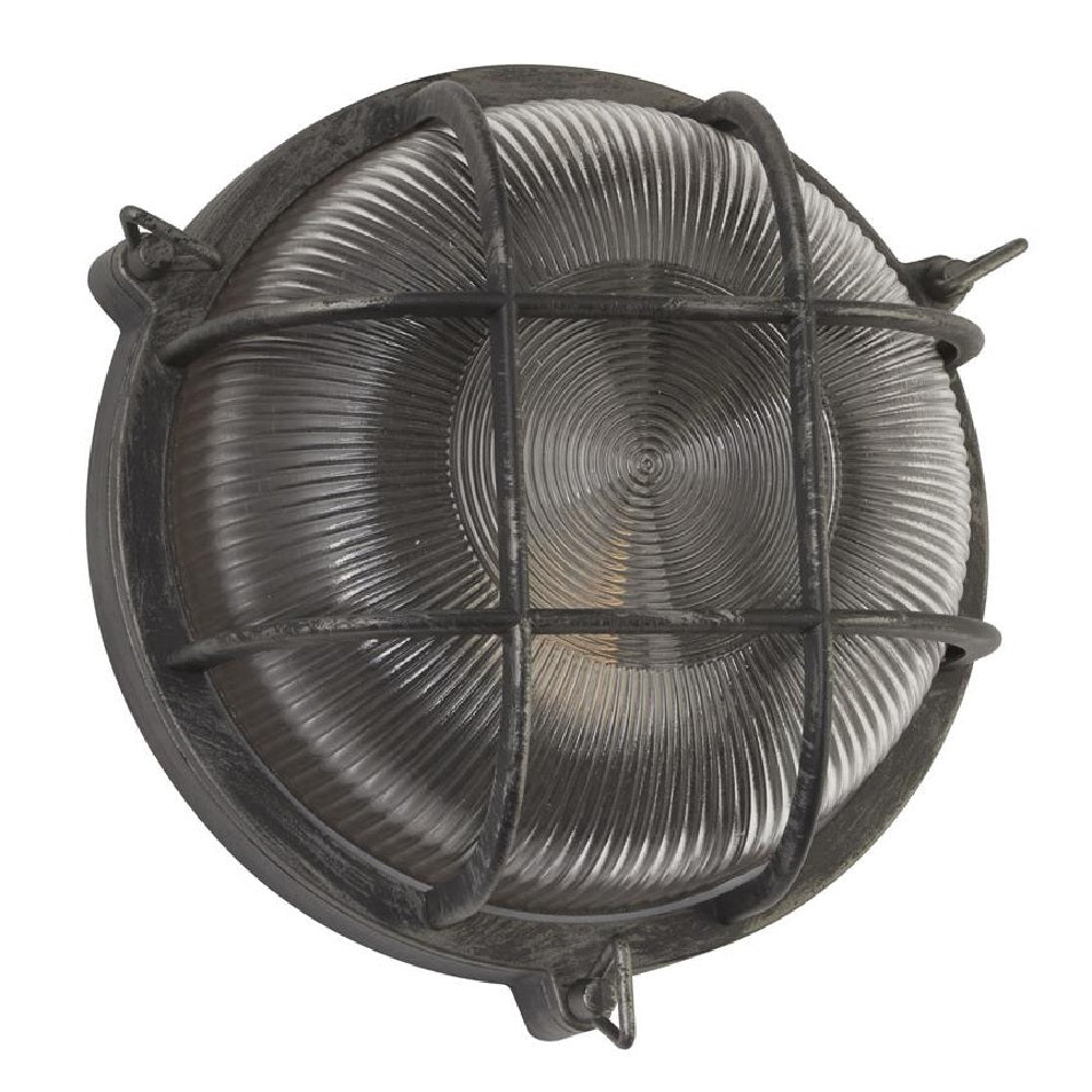 Antique Black Silver & Ribbed Glass Outdoor Vintage Round Flush Bulkhead Wall Light 280mm