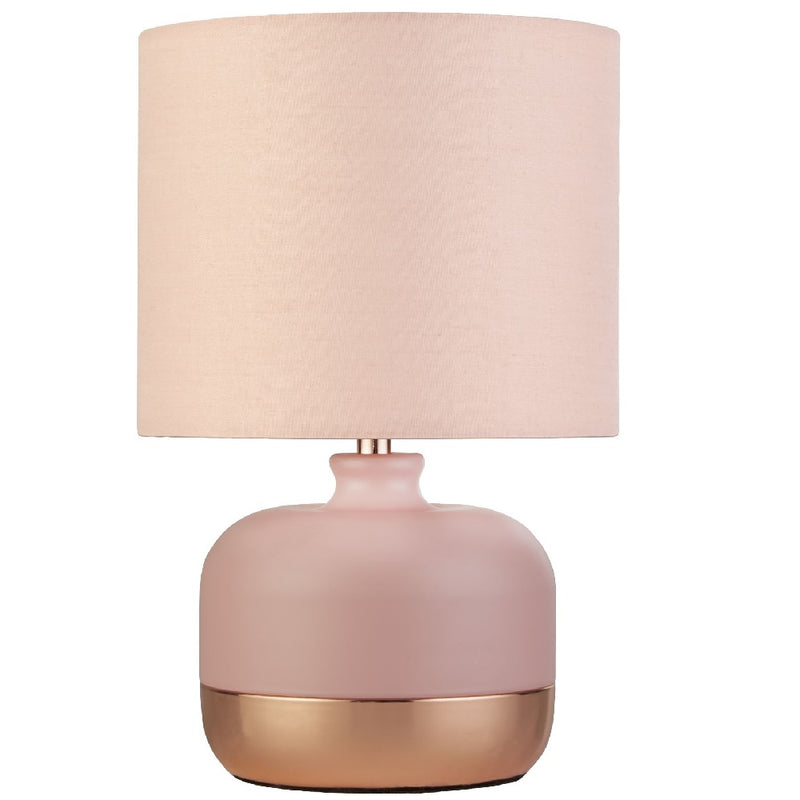 Britalia BR700819 Soft Pink Ceramic & Copper Band Base Vintage Table Lamp with Cotton Shade - 27cm Height