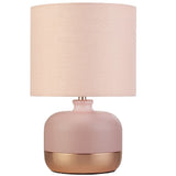 Blush Pink Ceramic & Copper Band Base Vintage Table Lamp with Cotton Shade 27cm