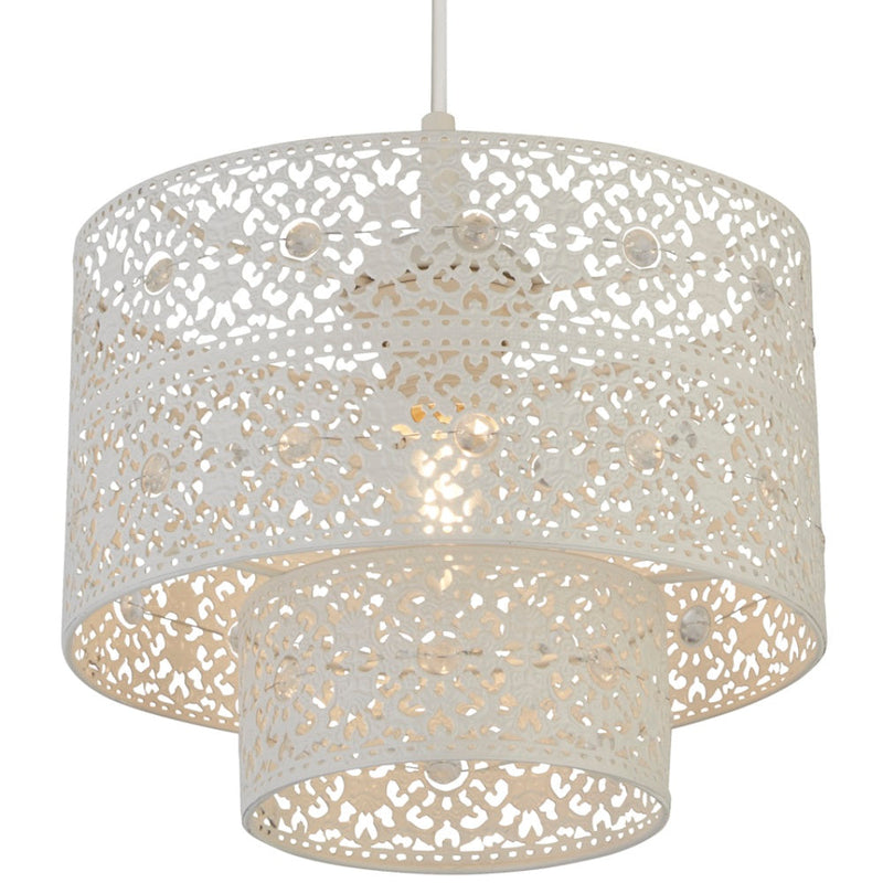 Matt White Metal Fretwork & Jewel Vintage 2 Tier Easy Fit Pendant Shade 24cm