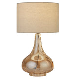 Amber Glass Base Vintage Retro Table Lamp with Cream Linen Drum Lampshade 42cm