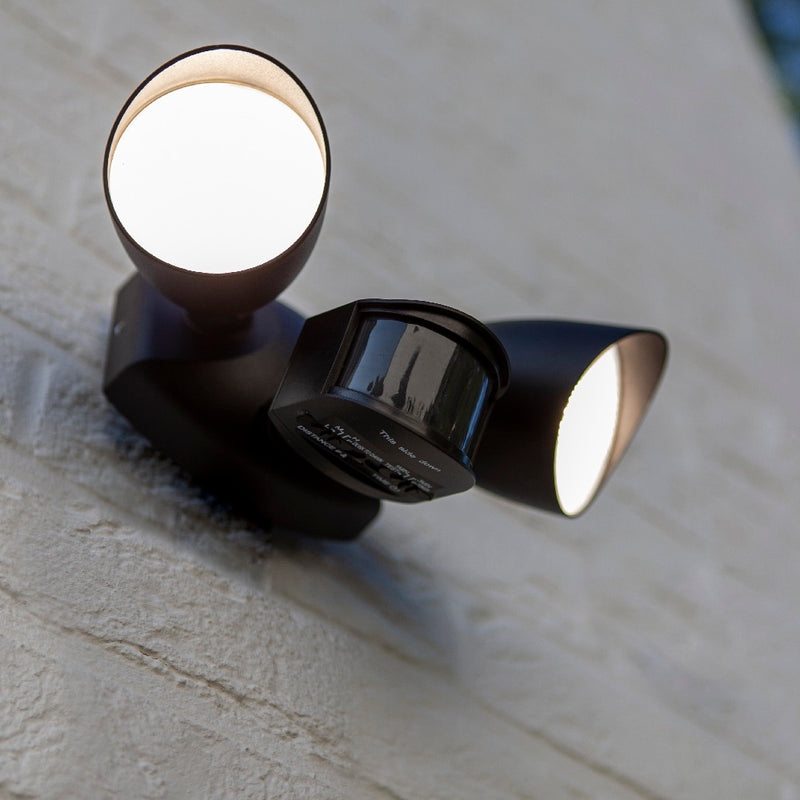 Matt Black Double Head Flood Wall Light with PIR