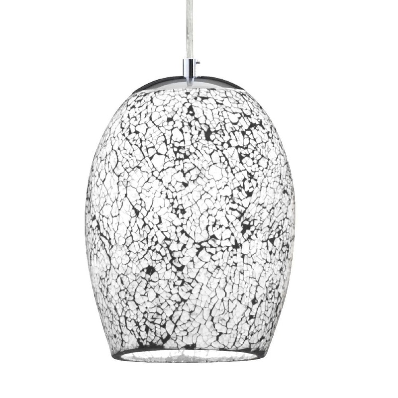 White Crackle Glass and Satin Chrome Single Lamp Dome Pendant