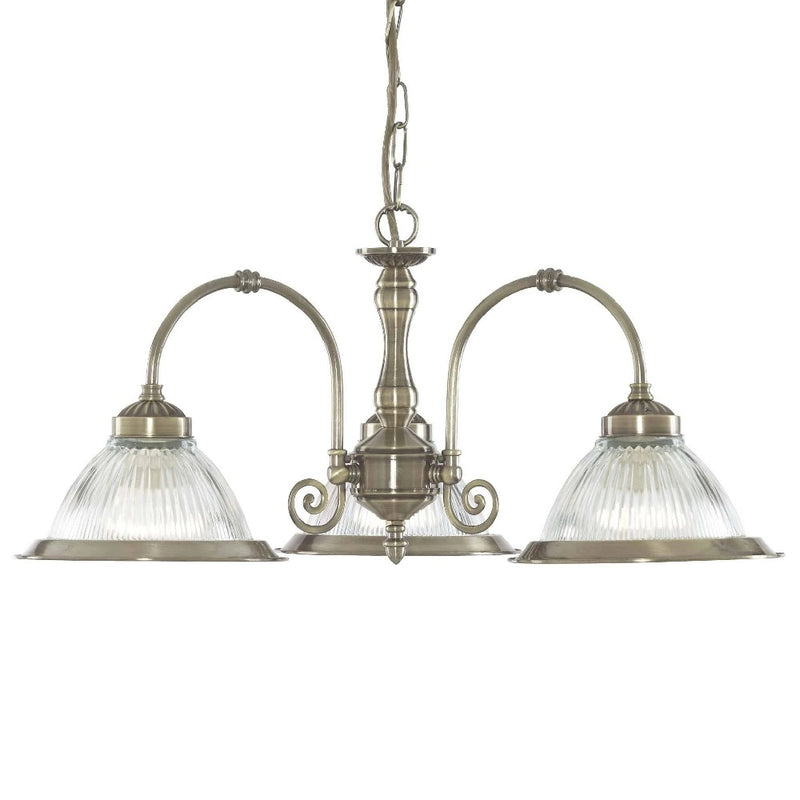 Antique Brass 3 Lamp Pendant Light with Clear Ribbed Glass 620mm