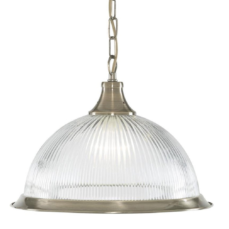 Antique Brass & Clear Ribbed Glass Vintage Dome Pendant Light 34cm
