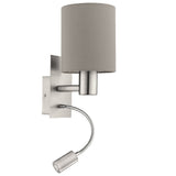 Satin Nickel Wall Lamp with Taupe Shade & LED Reading Light 380mm