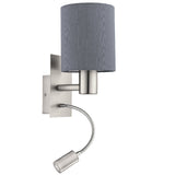 Satin Nickel Wall Lamp with Grey Shade & LED Reading Light 380mm