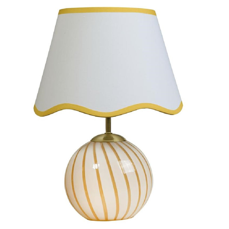 Britalia BR99140YL Yellow and White Stripe Glass Vintage Table lamp with White Scalloped Shade - 32cm Height