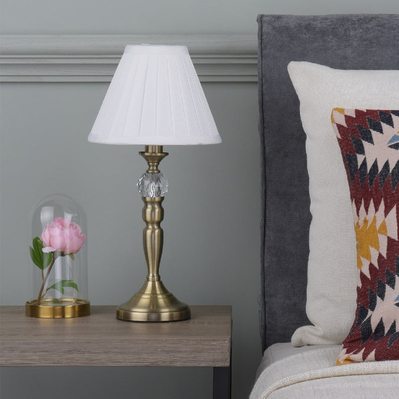 Britalia BRBEA4075 Antique Brass Vintage Touch Table Lamp with with Crystal Design and White Pleated Shade - 40cm Height