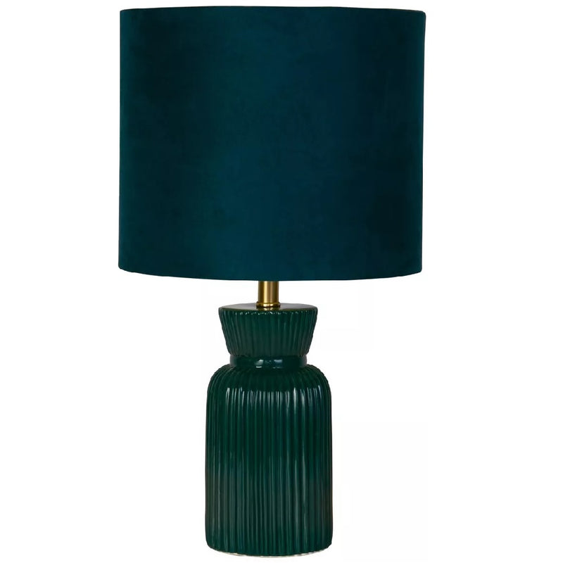 Britalia BR66033EM Emerald Green Ribbed Ceramic Vintage Table Lamp with Velvet Drum Shade - 38cm Height