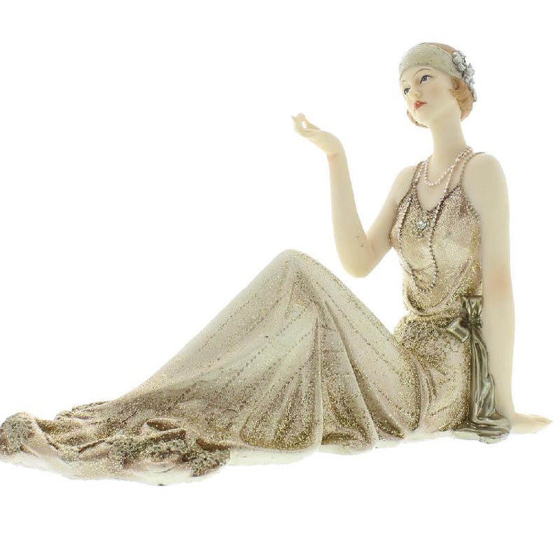 Britalia BR58428 Cream and Gold Art Deco Glamorous 1920s Style Sitting Down Lady Figurine - 26cm Width