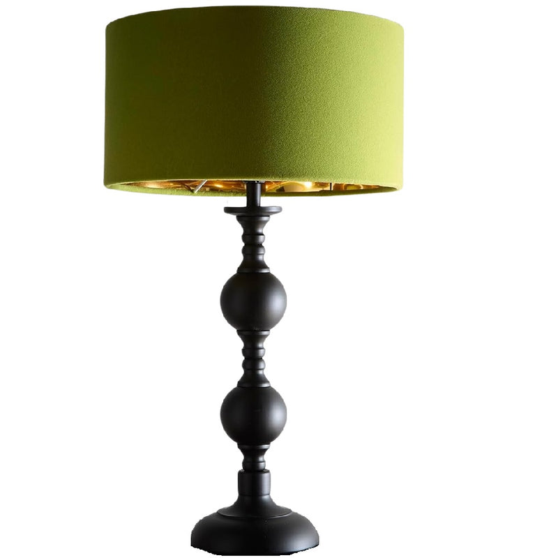 Britalia BRLCHURCHGATE/GRN Black Metal Modern Candlestick Table Lamp with Green Velvet Drum Shade with Gold Inner