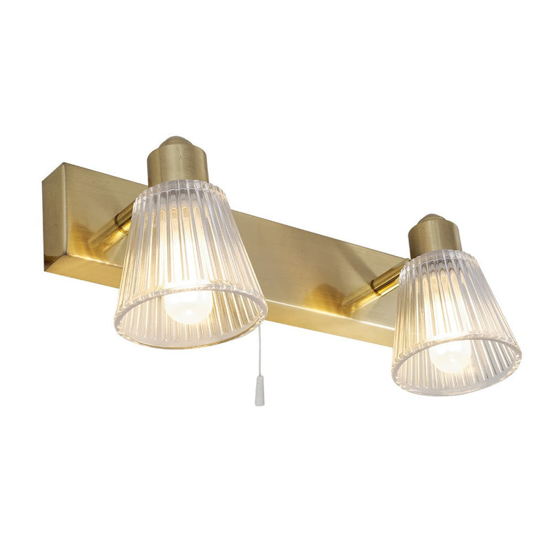 Satin Brass & Ribbed Glass Twin Bathroom Vintage Wall Light with Pull Cord