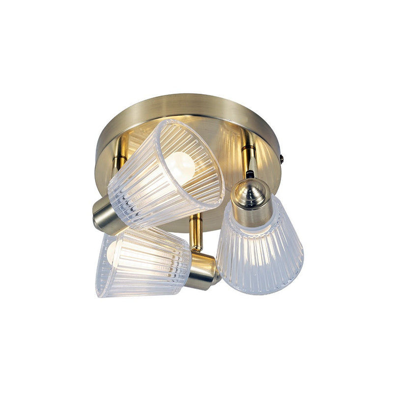 Satin Brass & Ribbed Glass Vintage 3 Lamp Bathroom Ceiling Light