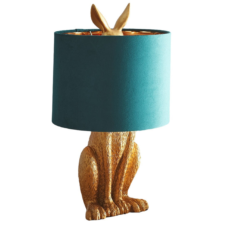 Britalia BRLRABBITGOLD/TL Gold Resin Hiding Hare Table Lamp with Green Velvet Drum Shade - 49cm Height