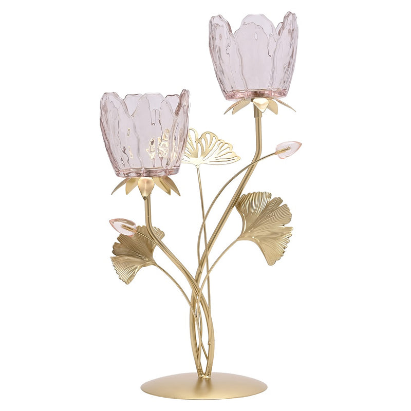Gold Metal and Pink Glass Double Stem Flowers Tea Light Candle Holder