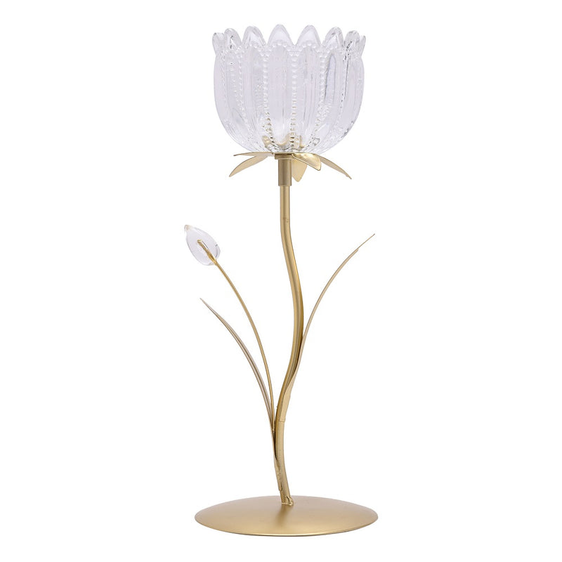 Gold Metal and Clear Glass Single Stem Flower Tea Light Candle Holder