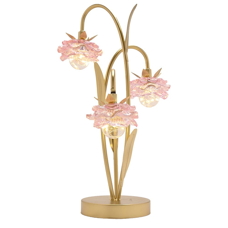 Britalia BRHE2526 Gold and Pink Glass Flower Triple Stem Battery Powered LED Table Lamp