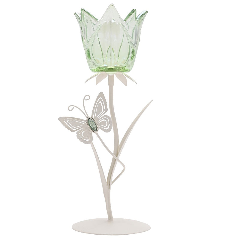 Cream Metal and Green Glass Single Stem Flowers with Butterfly Decoration Tea Light Candle Holder - 37cm Height