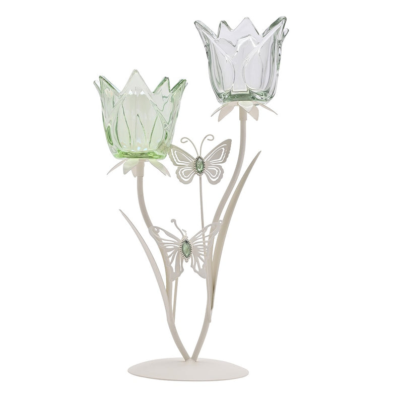 Cream Metal and Green Glass Double Stem Flowers with Butterfly Decoration Tea Light Candle Holder - 37cm Height